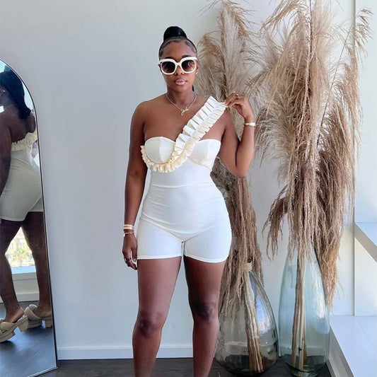 Asymmetrical One Ruffled Shoulder Design Bodycon Solid Color Women's Shorts Romper