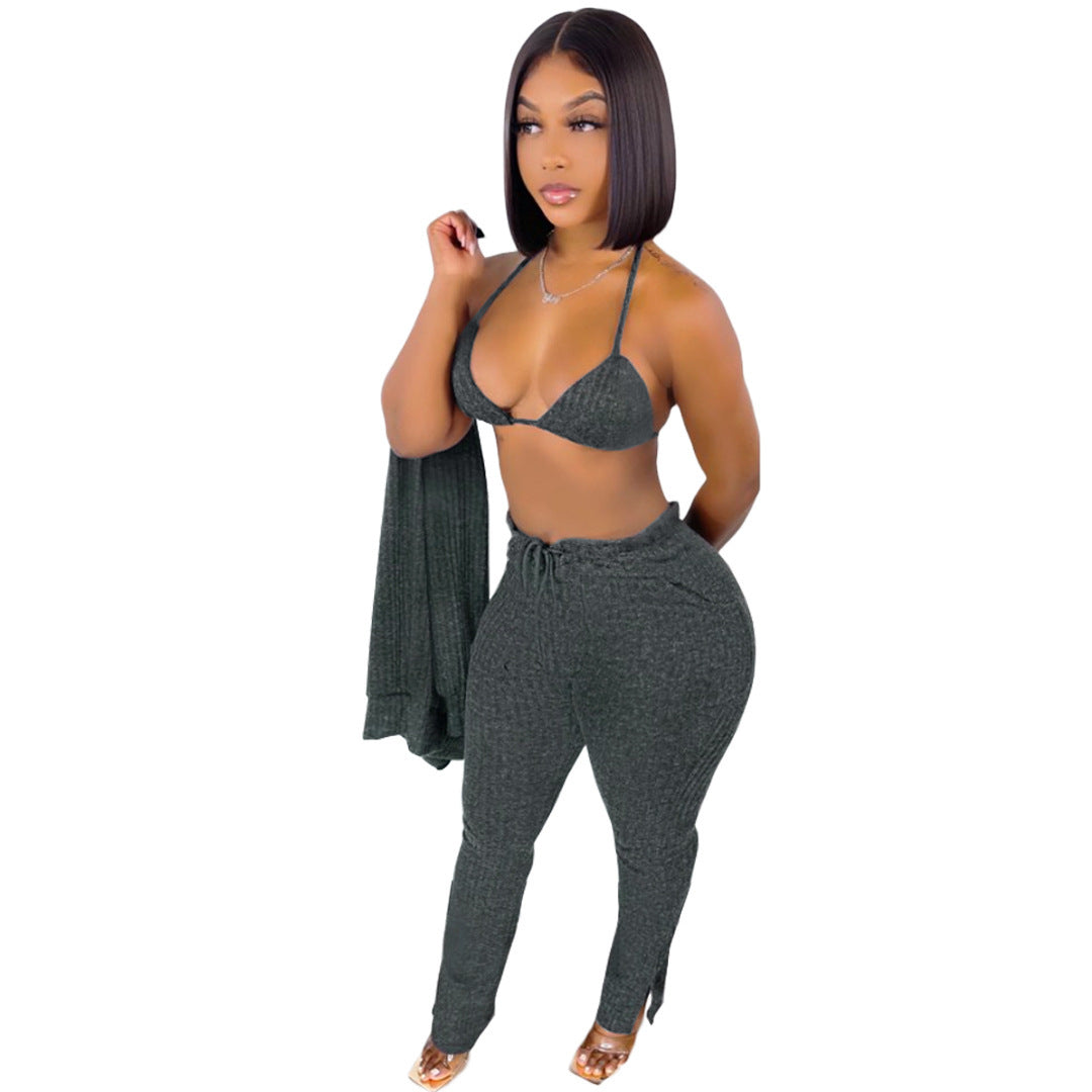 Ribbed Button-Up Women's Cardigan Pocketed Sweater + Matching Bra + Leggings 3-Piece Set