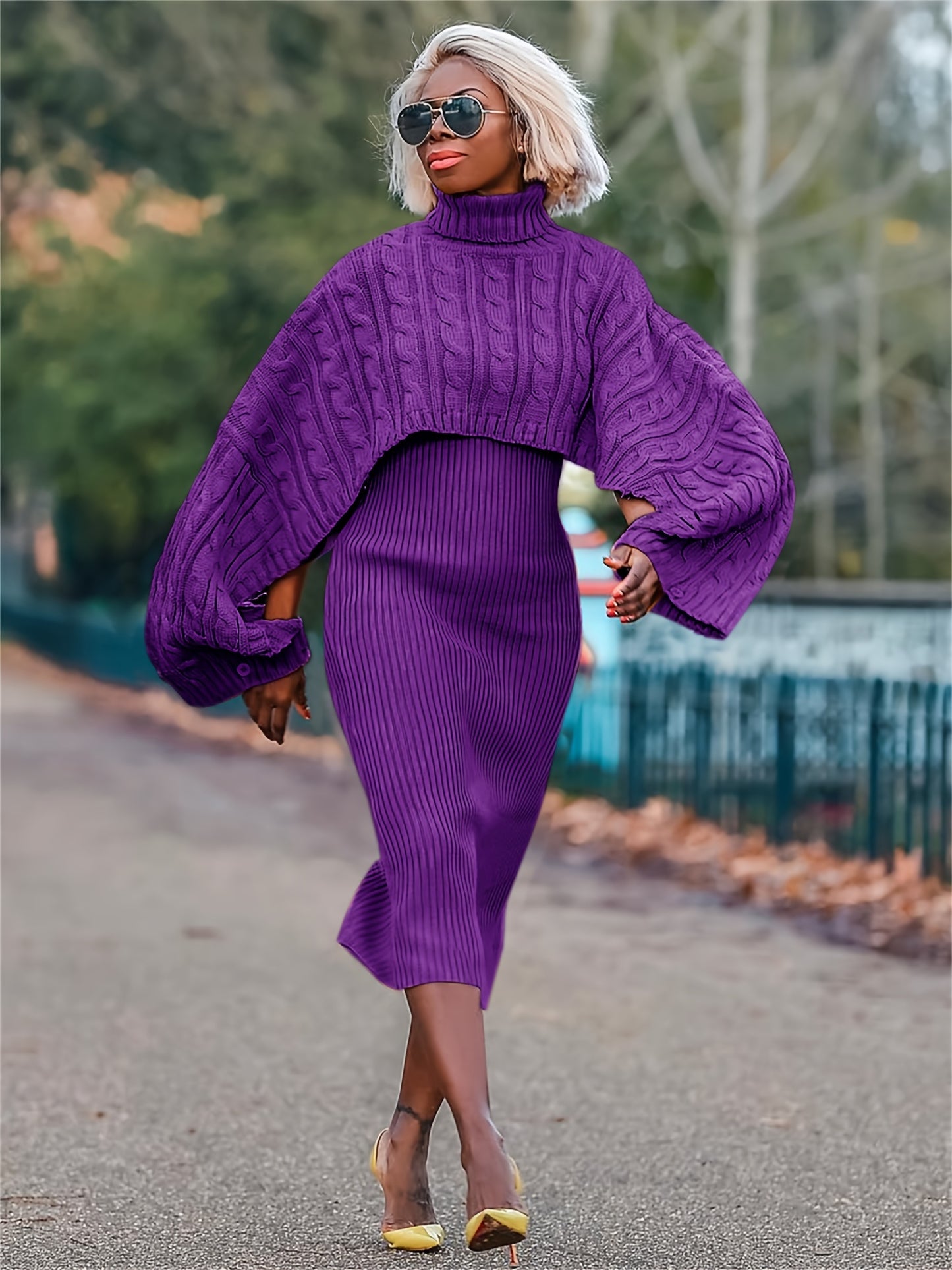Turtleneck Knitted Weave Pattern Baggy Cape Sleeve Long Sleeve Sweater + Ribbed Tank Sweater Dress 2-Piece Set