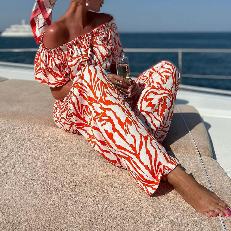 Off-the-Shoulder Abstract Print Crop Top + Elastic Waist Women's 2-Piece Set