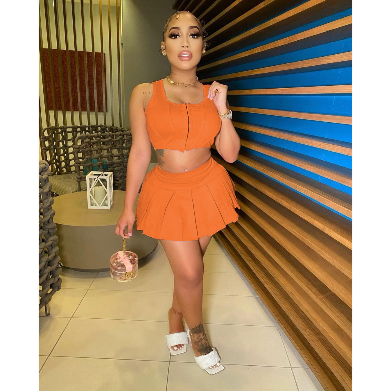 Sleeveless Solid Color Women's Crop Zipper Sports Vest + Mini Pleated Tennis Skirt 2-Piece Set