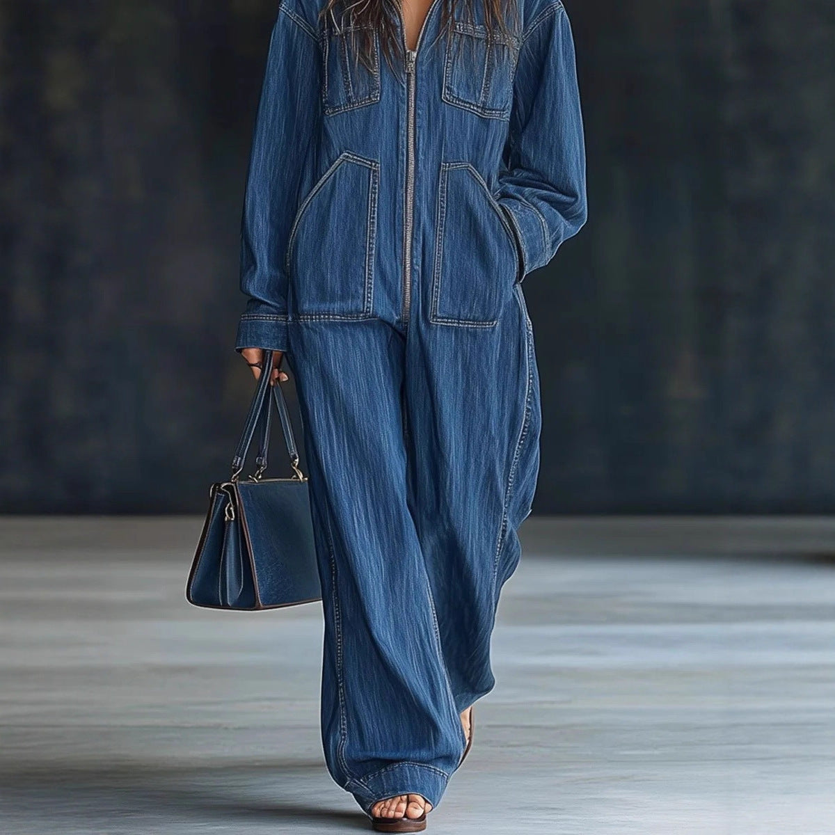 Denim Blue/Black Baggy Long Sleeve Oversized Women's Zipper Front Overall Hoodie Jeans Jumpsuit