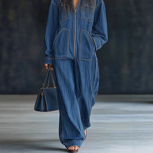 Denim Blue/Black Baggy Long Sleeve Oversized Women's Zipper Front Overall Hoodie Jeans Jumpsuit