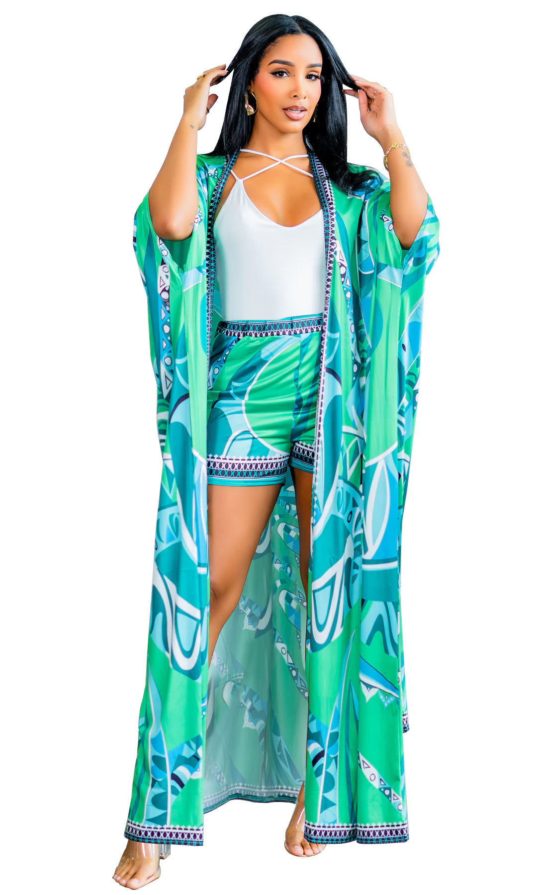 Chiffon Tropical Floral Print Maxi Cardigan Blouse w/ Matching Shorts 2-Piece Set