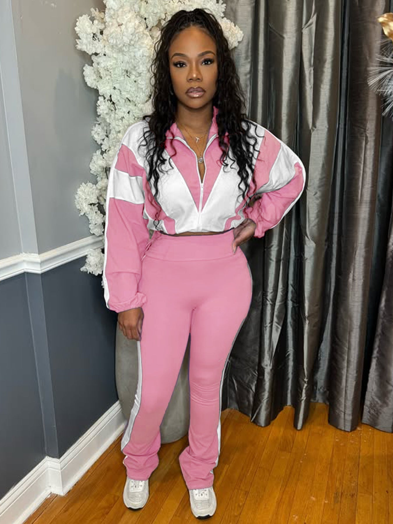 Colorblock Striped Women's Fitness Zipper Jacket+ Solid Sweatpants Tracksuit