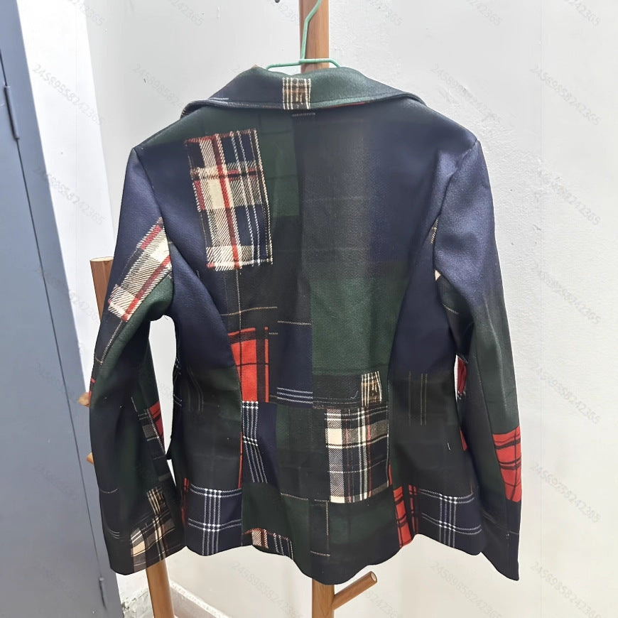 English Plaid Gold Button Detail Colorblock Women's Double Breasted Wool Blazer Jacket to 3X Plus Size