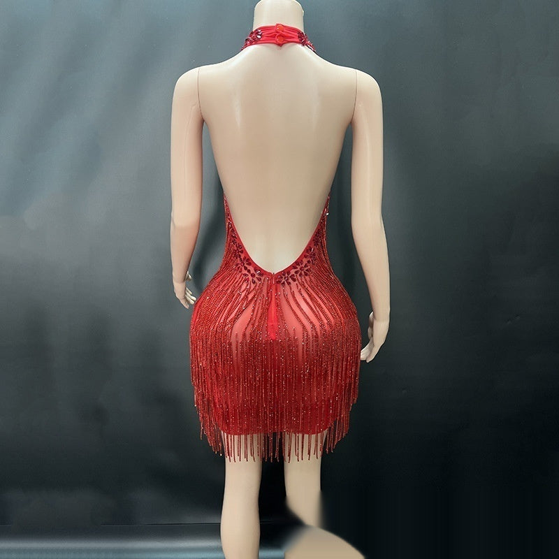 Transparent Sheer Hot Drill Diamond Tassel Fringe Chain Design Backless Sleeveless Formal Mini Party/Prom Dress