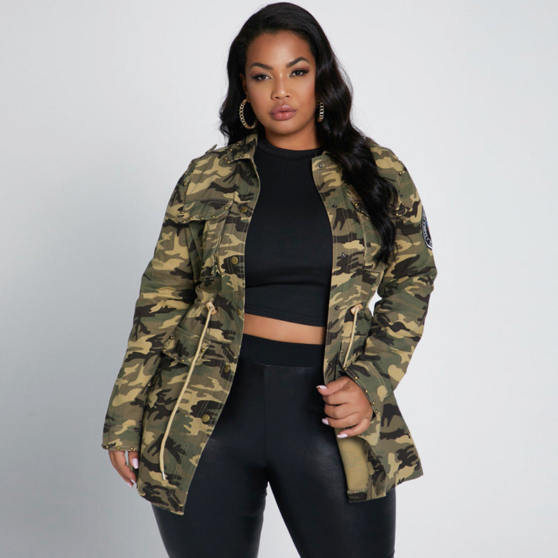 Camoflauge Print Rivet Embellished Turn-Down Collar Women's Button-Up Jacket to 5X Plus Size