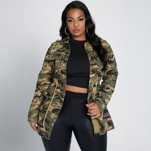 Camoflauge Print Rivet Embellished Turn-Down Collar Women's Button-Up Jacket to 5X Plus Size