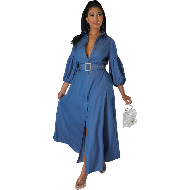 Blue Denim Button-Up Long Balloon Sleeve Maxi Jean Dress