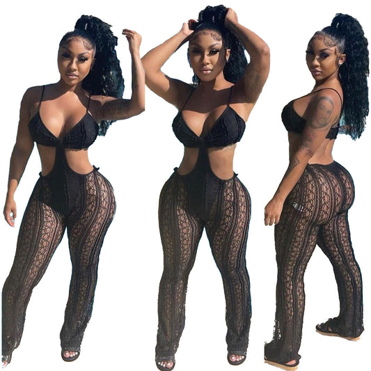Black Sheer Hollow-Out Women's Transparent Sexy Sleeveless Bikini Jumpsuit