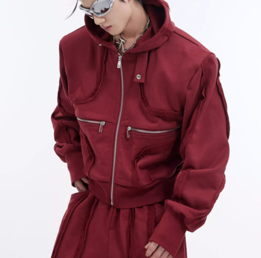 Men's 3D Padded Shoulder Zipper Design Hoodie Jacket + Deconstructed Irregular Sweatpants Tracksuit