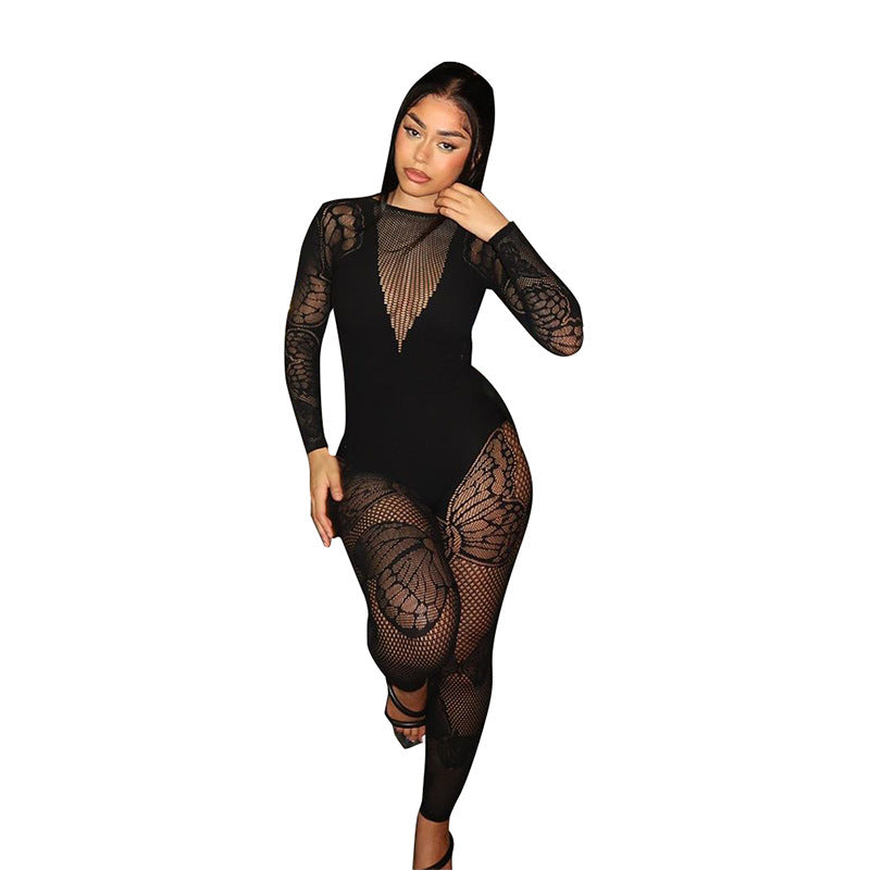 Black Sheer Transparent Butterfly Design Fitness Women's Streetwear Skin Tight Long Sleeve Jumpsuit