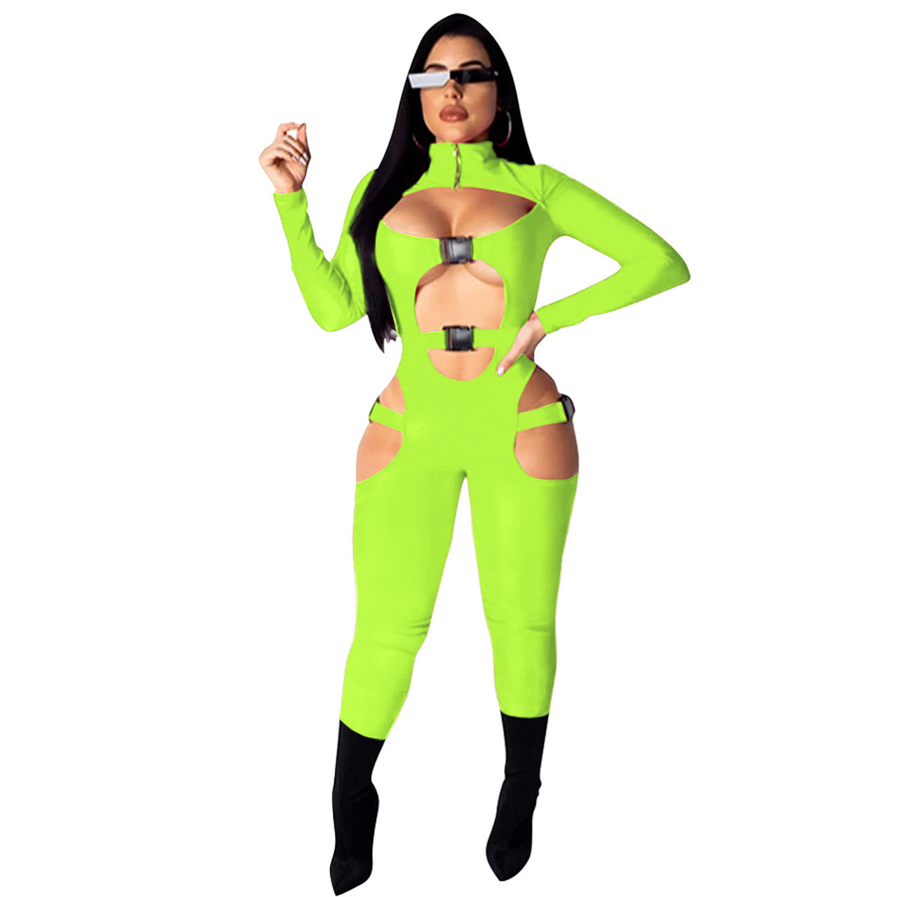 Sexy Hollow-Out Long Sleeve Solid Color Women's Skin Tight Jumpsuit