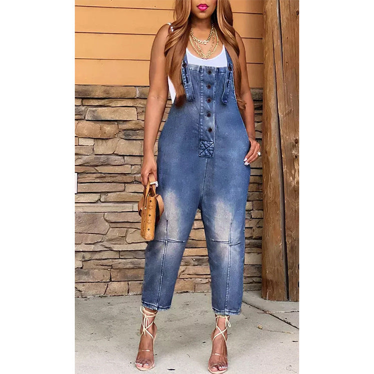 Denim Faded Colorblock Women's Button Front Overalls Jean Jumpsuit to 3X Plus Size