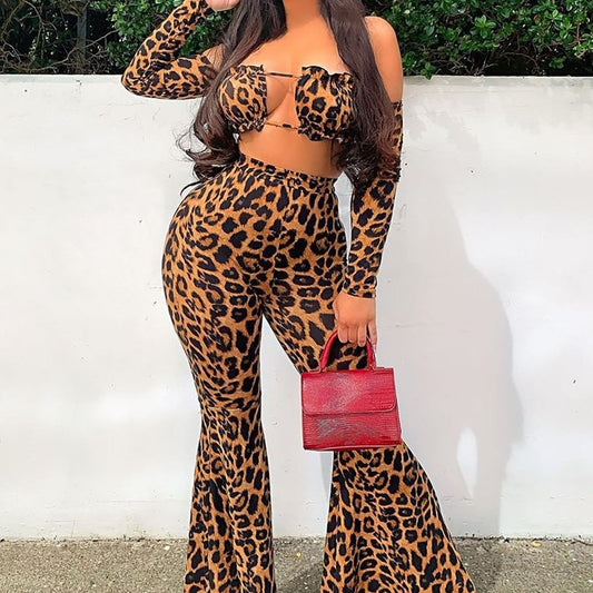 Leopard Print Sleeveless Hollow-Out Long Sleeve Crop Top + Wide Flared Leg Leggings Women's 2-Piece Set