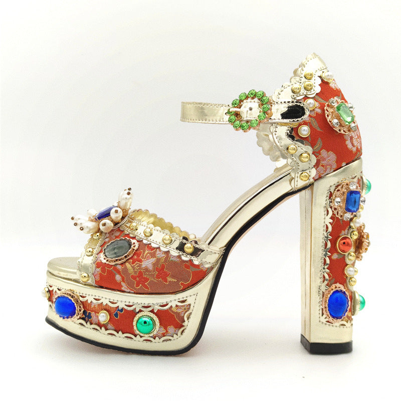 Vintage Baroque Rhinestone Embellished Leather Platform Thick Heel Fishmouth Women's Sandal Pumps