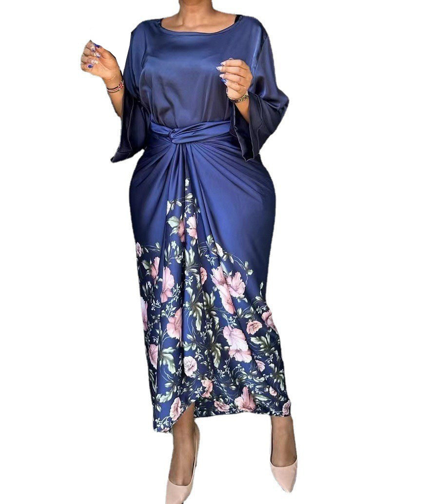 Satin 2-Tone Ruched Colorblock Floral Print Long Sleeve Maxi Dress to 3X Plus Size