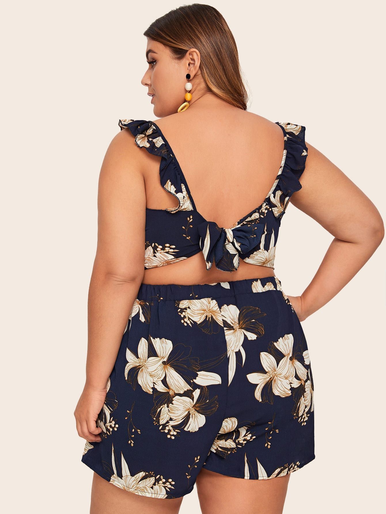 Navy Blue Flower Print Printed Crop Tank Top + Shorts 2-Piece Set to 4X Plus Size
