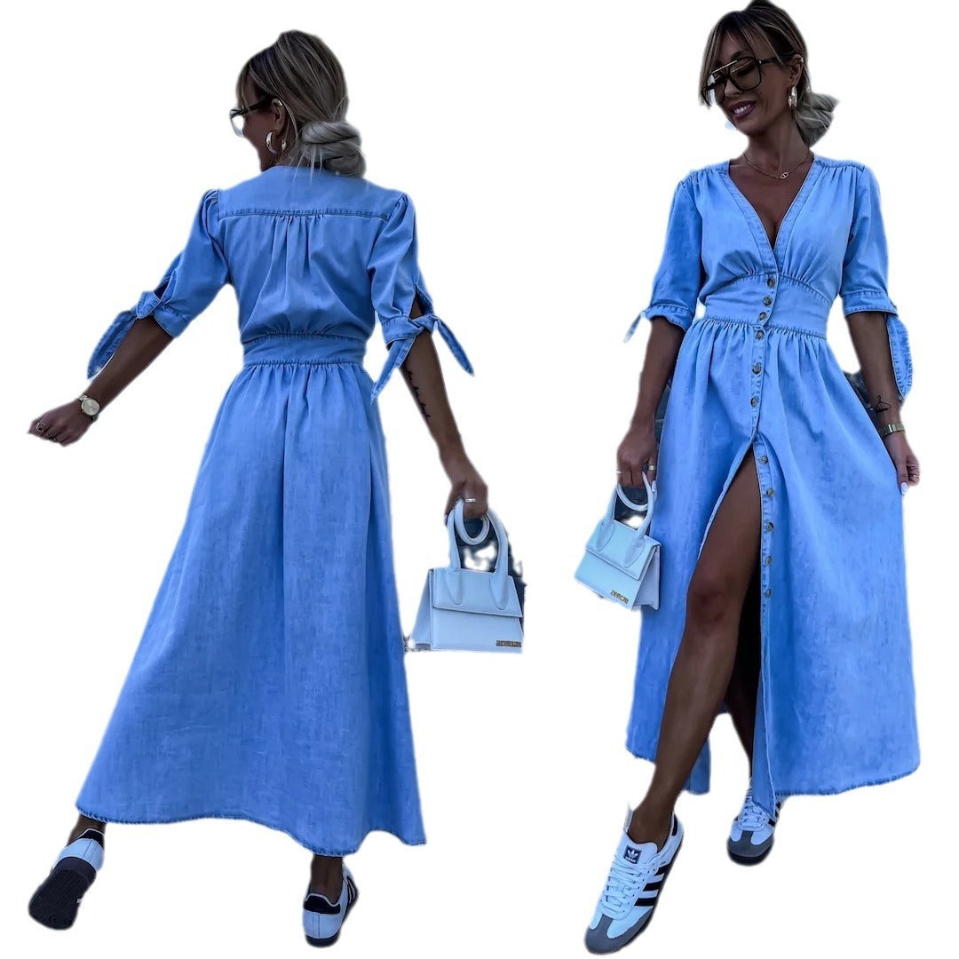 Denim Bohemian Ruched Deep V-Neck Long Sleeve High Slit Maxi Jean Dress