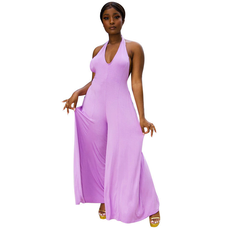 Sleeveless Halter Neck Backless V-Neck Solid Color Women's Wide Leg Jumpsuit to 5X Plus Size