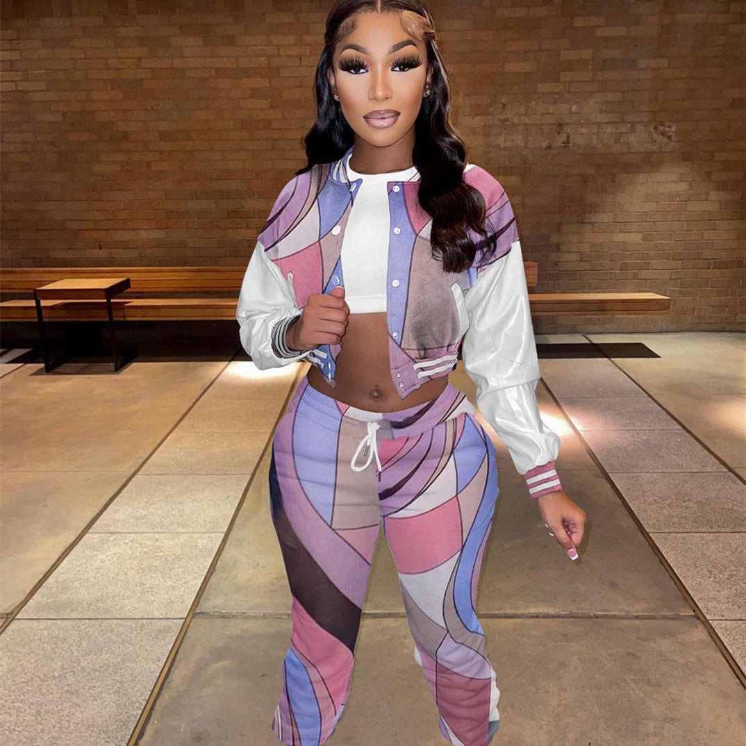 Geometric Colorblock Print Women's Cropped Baseball Bomber Jacket + Drawstring Bodycon Sweatpants 2-Piece Set