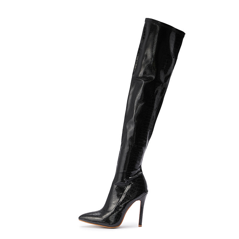 Skinny Pointed Toe Stiletto Heel Streetwear Stretch Women's Over-the-knee Solid Color Boots