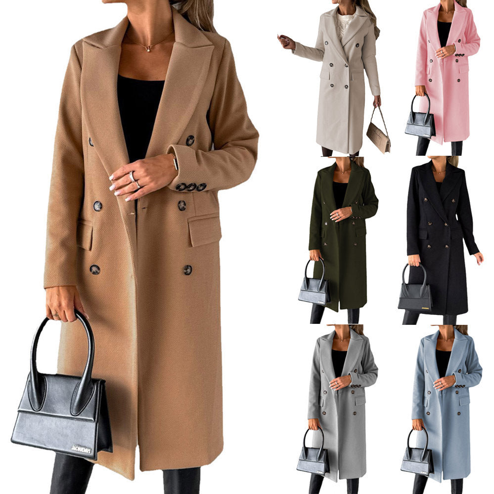Double Breasted Button-Up Women's Solid Color Pocketed Trenchcoat to 3X Plus Size