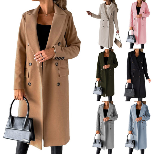 Double Breasted Button-Up Women's Solid Color Pocketed Trenchcoat to 3X Plus Size