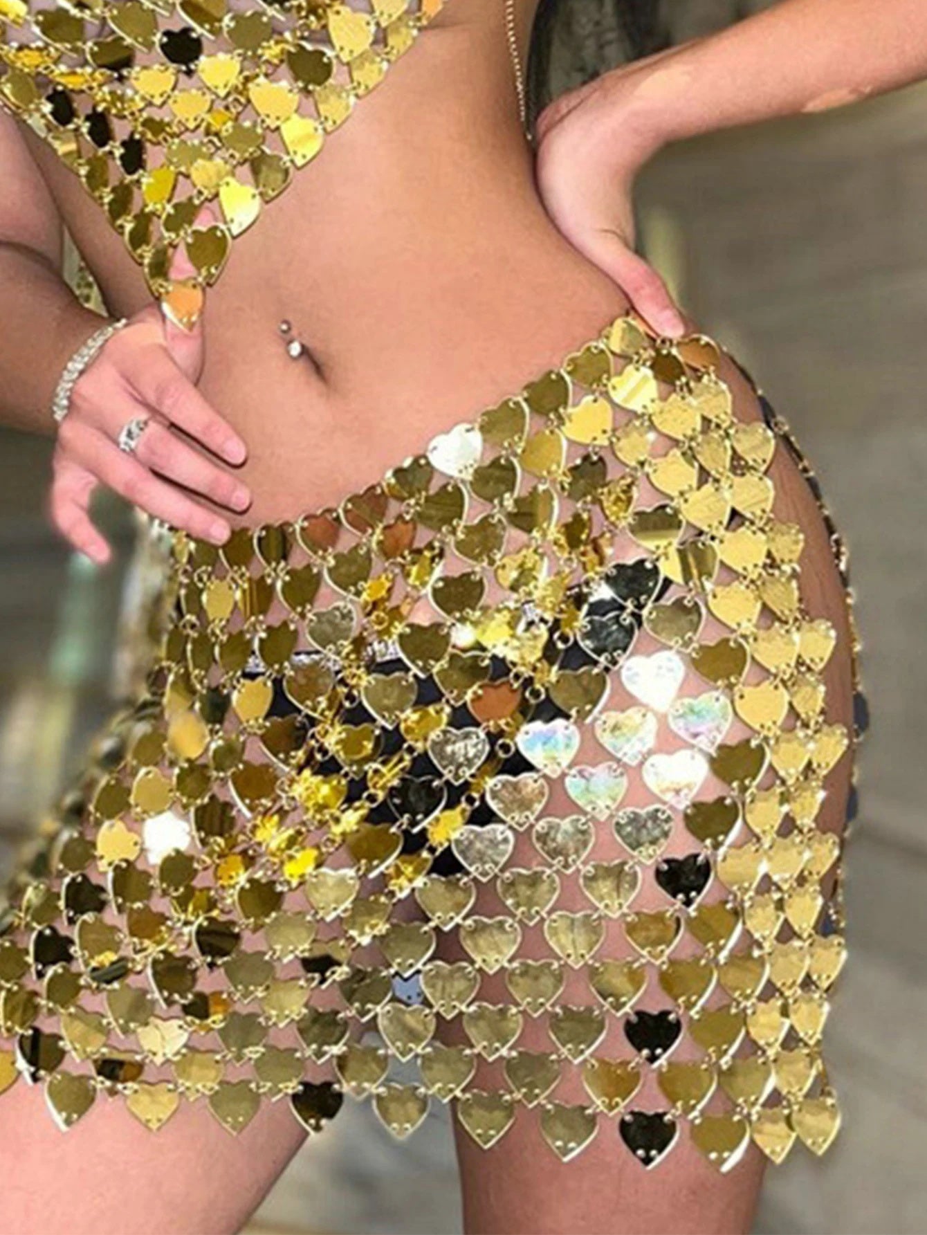 Metallic Gold Women's Heart Shape Crop Tank Top + Mini Skirt 2-Piece Set