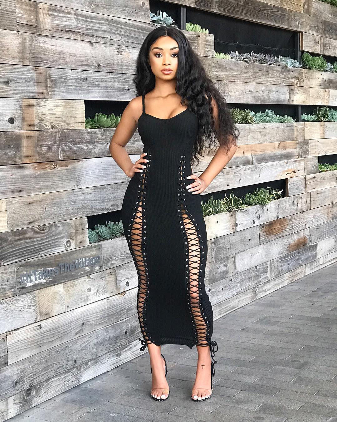 Sleeveless Hollow-Out V-Neck Lace-Up Spaghetti Strap Skinny Maxi Dress