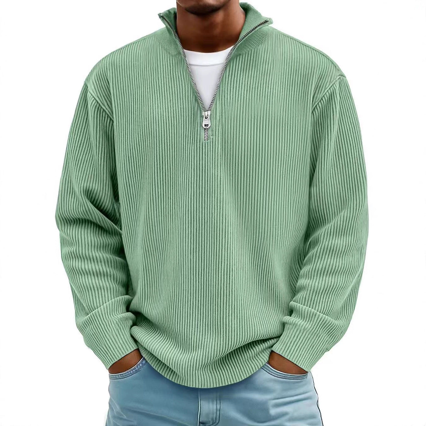 Men's Corduroy Stand Collar Solid Color Long Sleeve Quarter Zip Sweatshirt