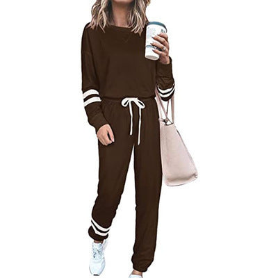 Side Striped Long Sleeve Women's Sport Top + Drawstring Sweatpants Tracksuit to 3X Plus Size
