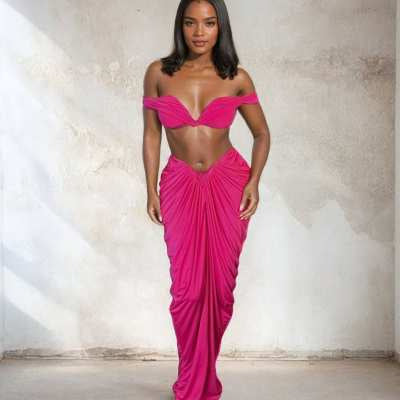 Sleeveless Off-the-Shoulder Crop Tube Top + Ruched Pleated Maxi Skirt 2-Piece Set