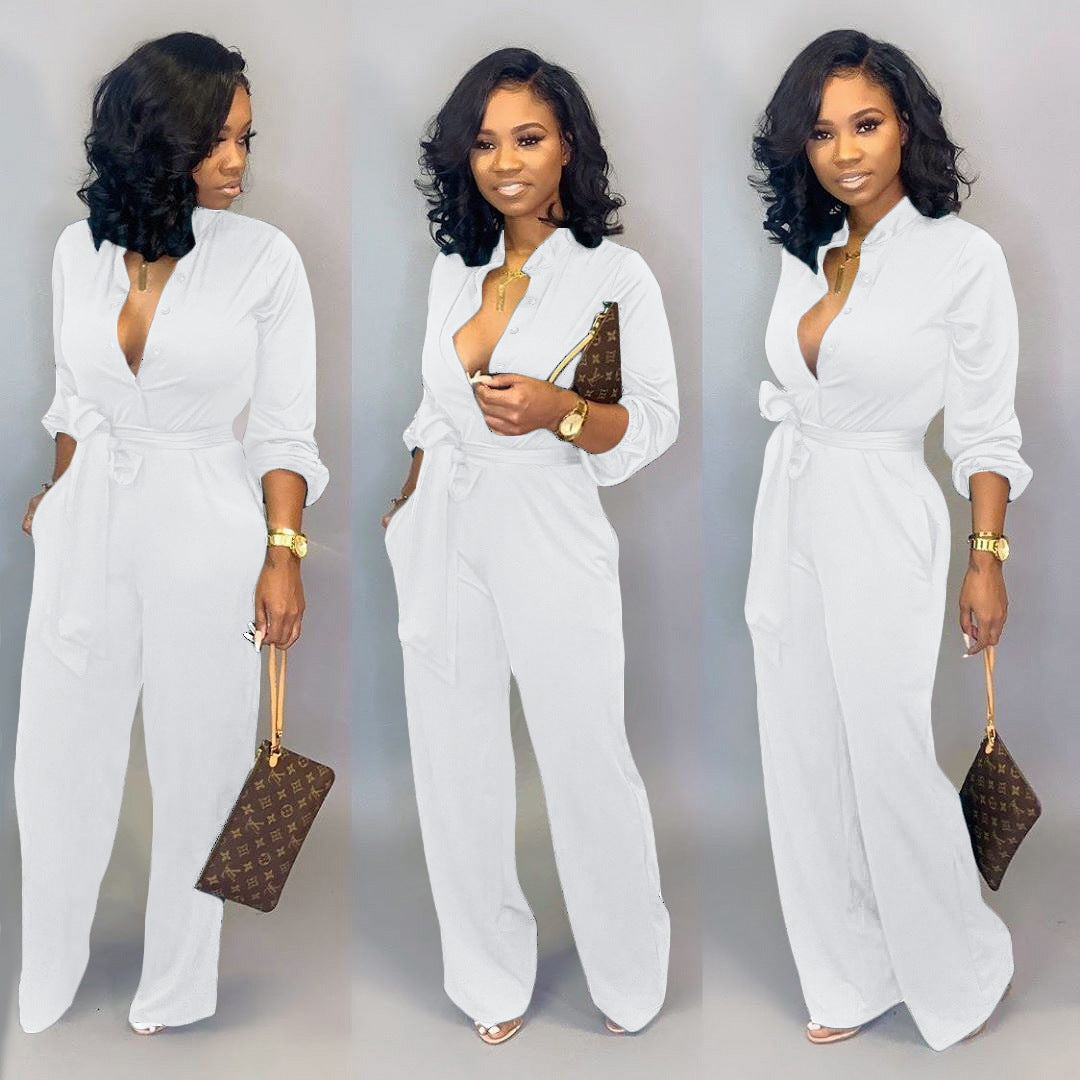 Button-Up Turn-Down Collar Women's Long Sleeve Solid Color Jumpsuit