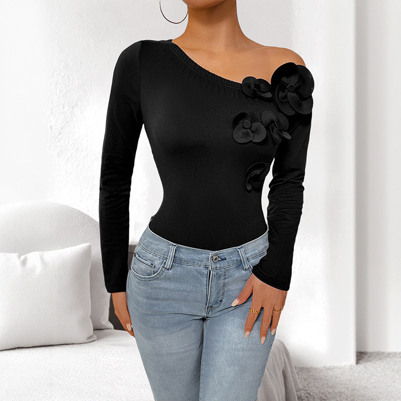 Black Big Flower Design Asymmetrical One Shoulder Long Sleeve Bodysuit