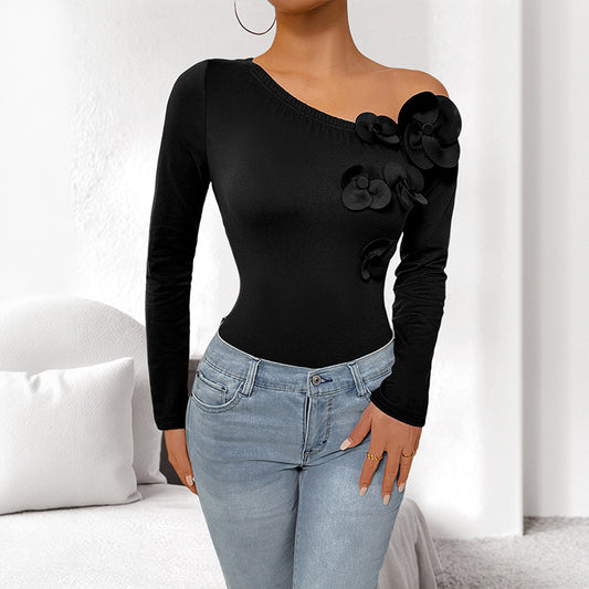 Black Big Flower Design Asymmetrical One Shoulder Long Sleeve Bodysuit