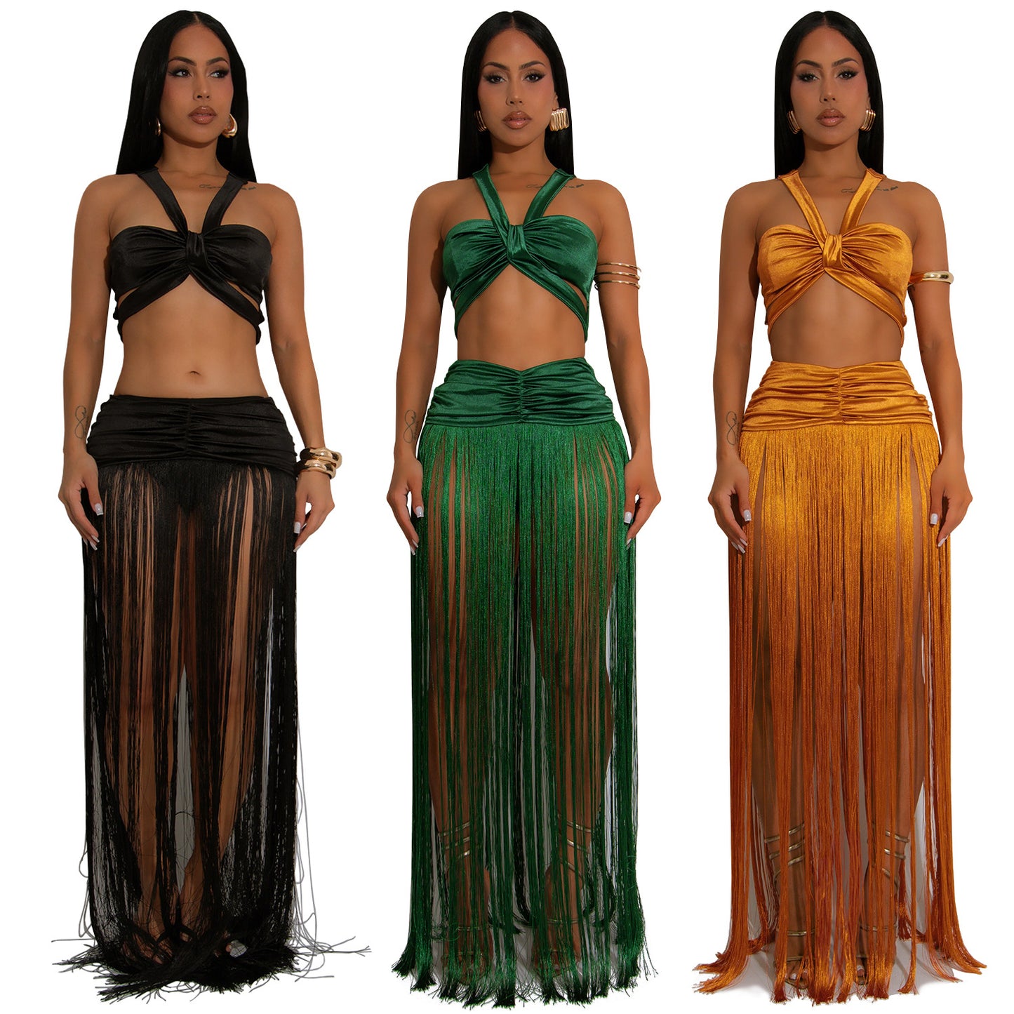 Sleeveless Criss-Cross Back Crop Top + Tassel Fringe Maxi Skirt Women's 2-Piece Set