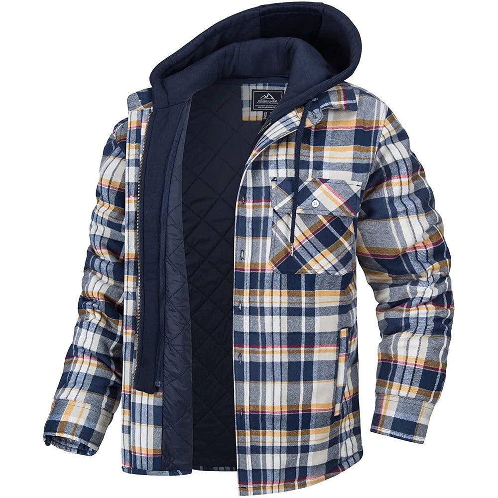 Men's Plaid Pocketed Button Thick Padded Drawstring Layered Zipper Hoodie Jacket