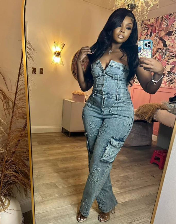 Denim Sky Blue  Stonewashed Faded V-Slit Sleeveless Embroidered Tube Top Women's Cargo Pocketed Jeans Jumpsuit