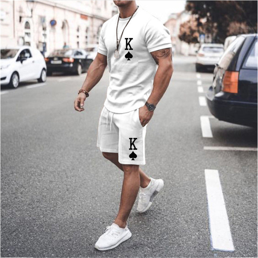 Men's King Of Spades Print Loose Solid Color Casual T-Shirt + Shorts 2-Piece Set
