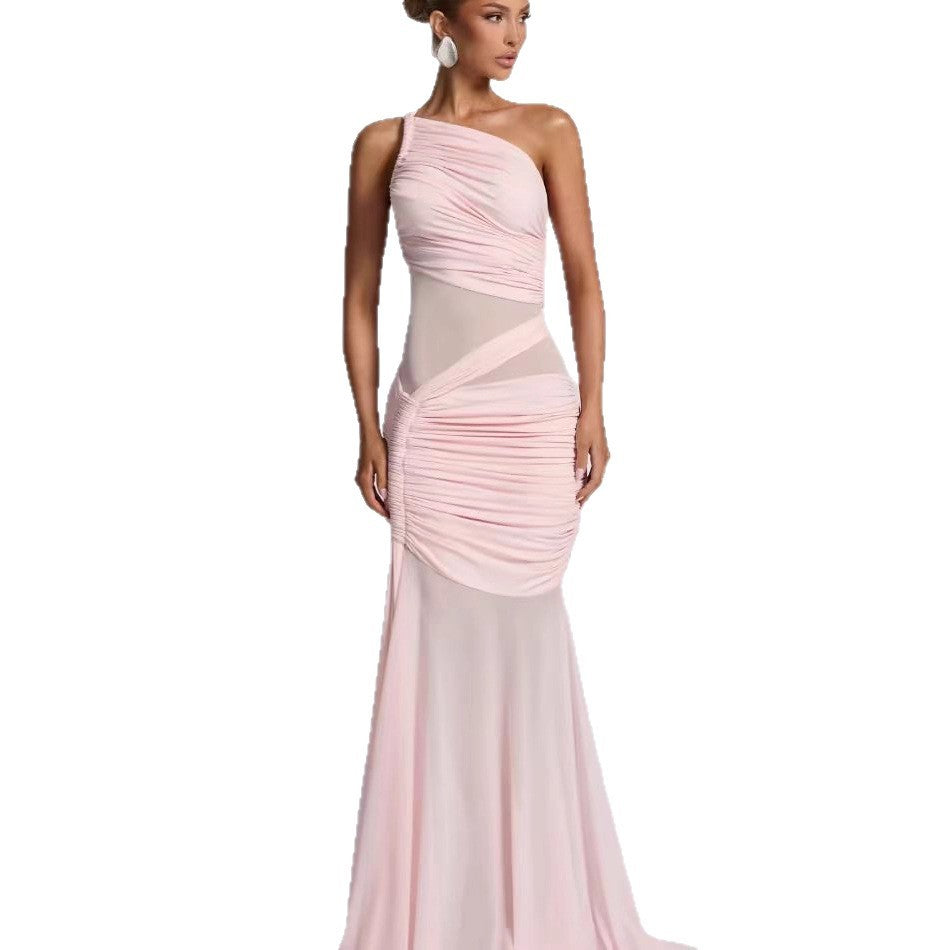 Ruched Sleeveless Asymmetrical One  Shoulder Pleated Cross Bordered Formal Fishtail Maxi Party/Prom Dress