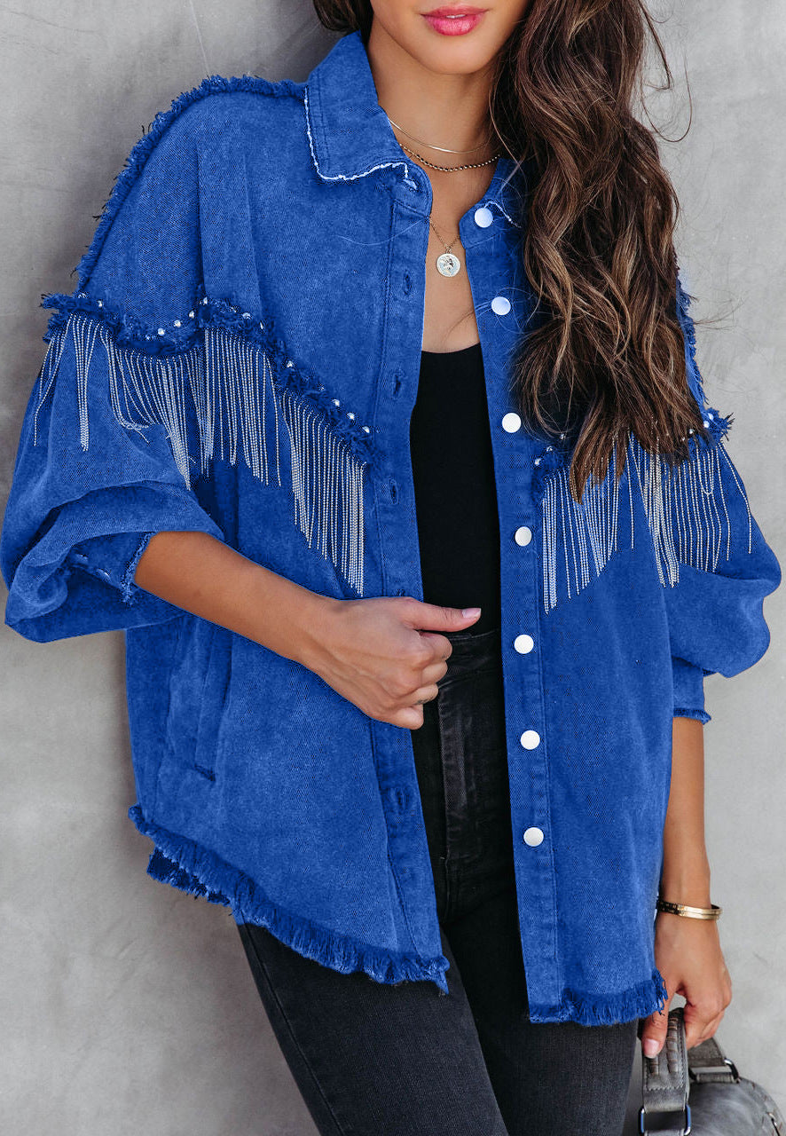 Denim Western Tassel Fringe Chain Rivet Design Women's Button-Up Jean Jacket