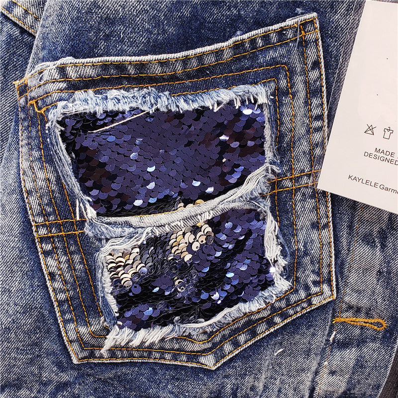 Denim Sequin Double Pocket Long Sleeve Women's Jean Jacket
