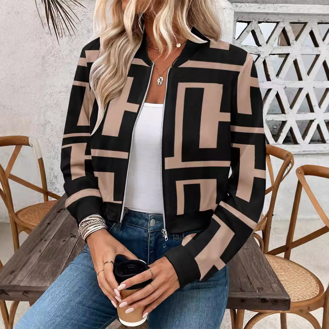 Black/Tan Geometric Colorblock Monogram Print Long Sleeve Women's O-Neck Bomber Jacket