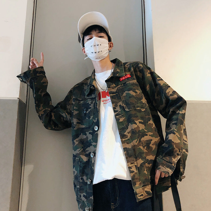 Men's Denim Hip-Hop Camoflauge/Hemp Flower Print Cargo Multi-Pocketed Jean Jacket to 4X Big & Tall