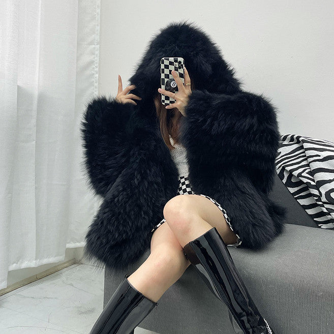 Shaggy Faux Fur Long Sleeve Women's Streetwear Hooded Jacket