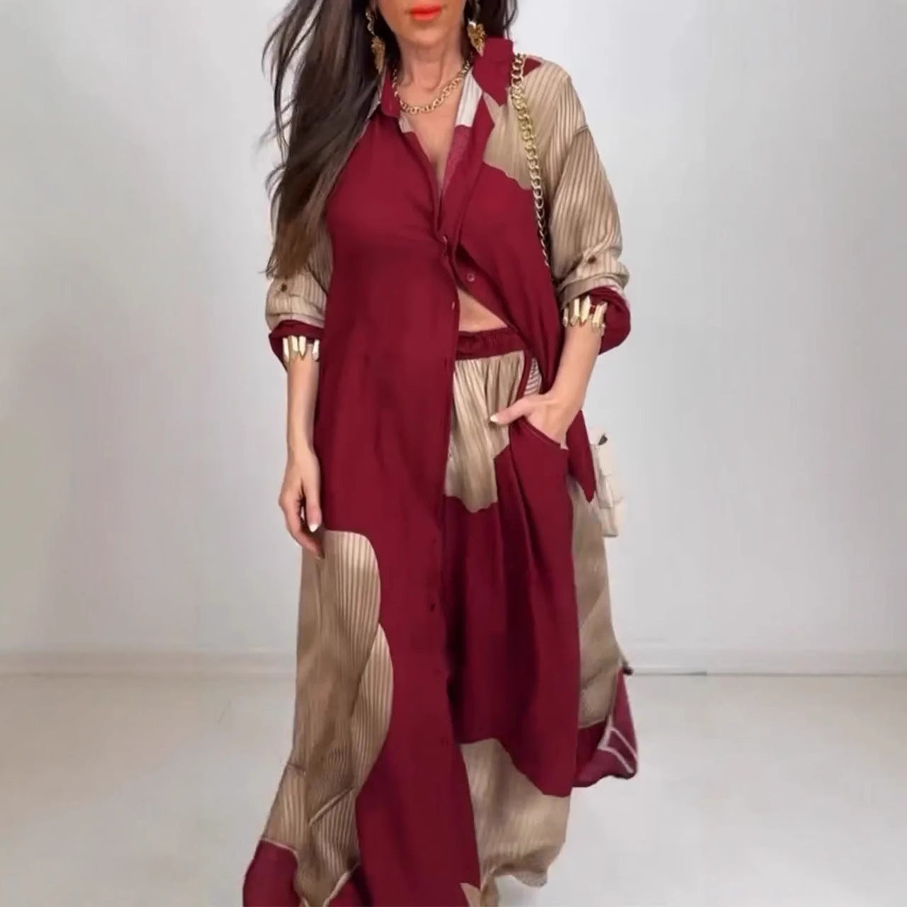 Geometric Colorblock Women's Long Sleeve Maxi Blouse + Pants 2-Piece Sets to 5X Plus Size