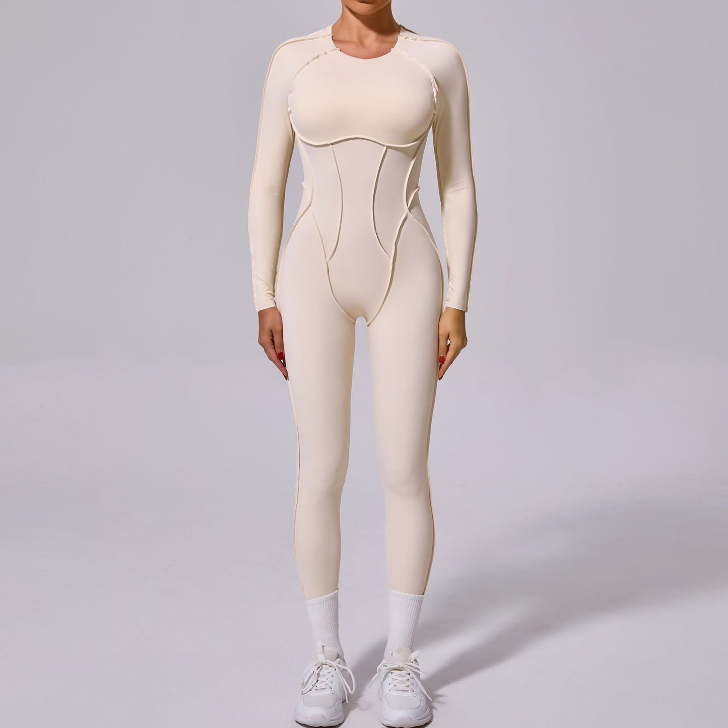 Backless Hollow-Out Design Skin Tight Solid Color Long Sleeve Women's Fitness Jumpsuit