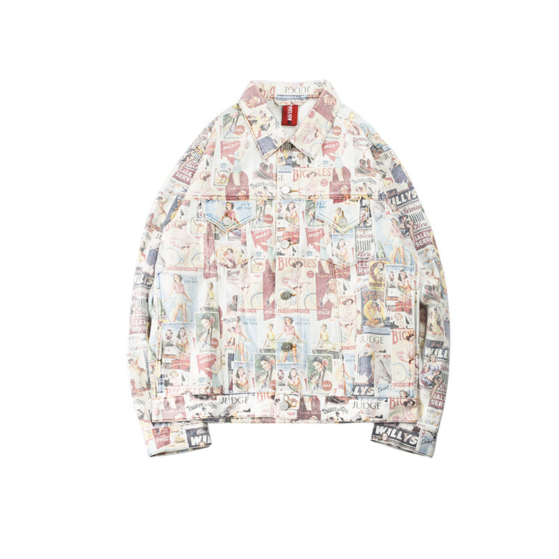 Men's Art Magazine Print Hip-Hop Washed Vintage Loose Cowboy Jean Jacket
